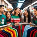 En gruppe venner griner mens de kigger gennem stativer med farverige og festlige julesweatre på et fyldt julemarked